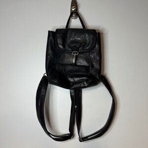 Vintage 90s Black Leather Mini Backpack 1990s Grunge Adjustable Strap Crossbody